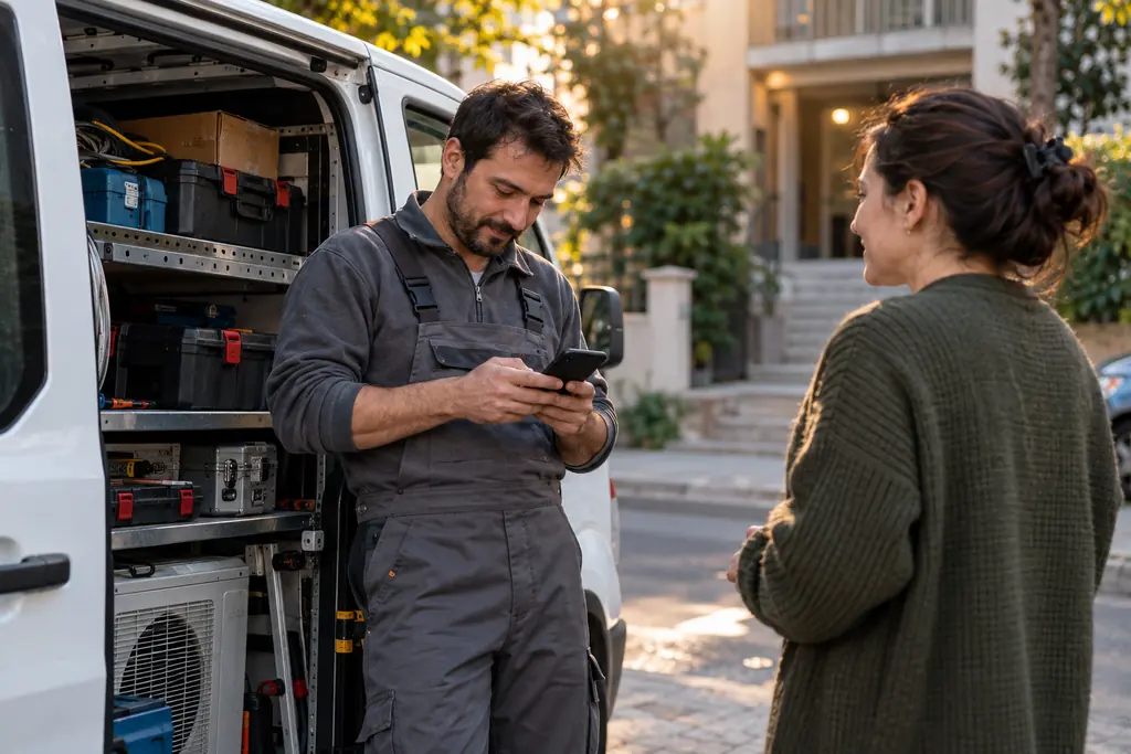 Servis aracının önünde işini bitirip telefonundan tahsilat kaydeden bir teknisyen