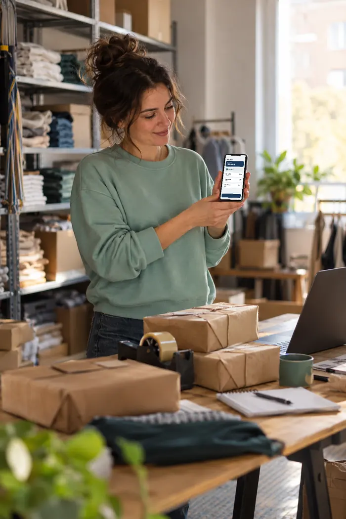 Paket hazırlarken telefonundan siparişlerine bakan bir e-ticaret girişimcisi