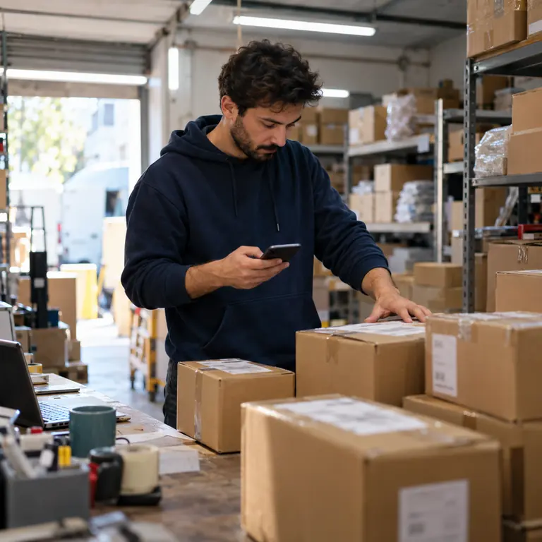 E-ticaret deposunda kargo kolilerini hazırlayan bir çalışan